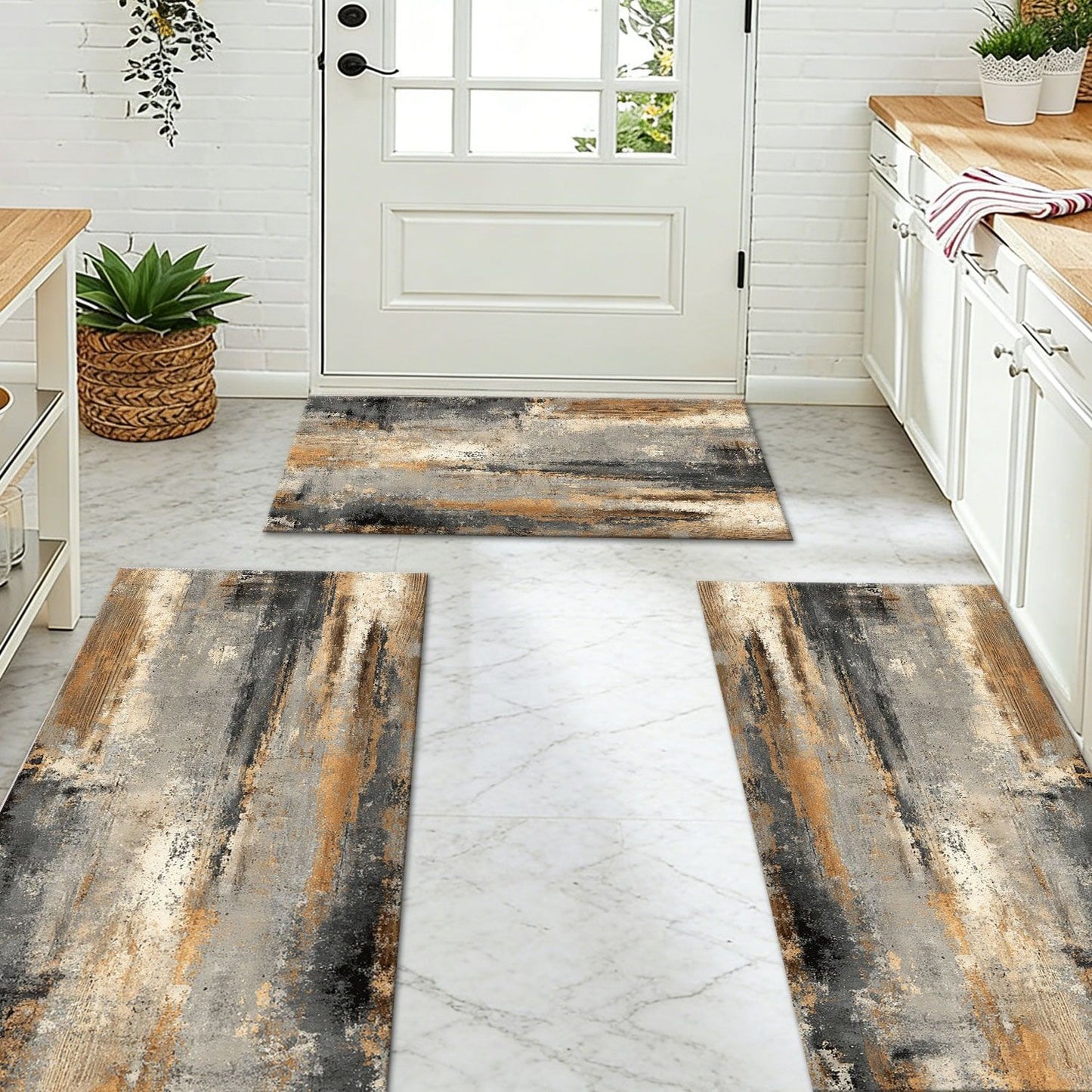 Three-piece kitchen rug set, non-slip and washable, abstract pattern kitchen hallway rug, soft and comfortable, suitable for sinks, floors, entrances, hallways and bathrooms. New Era Fashion LLc
