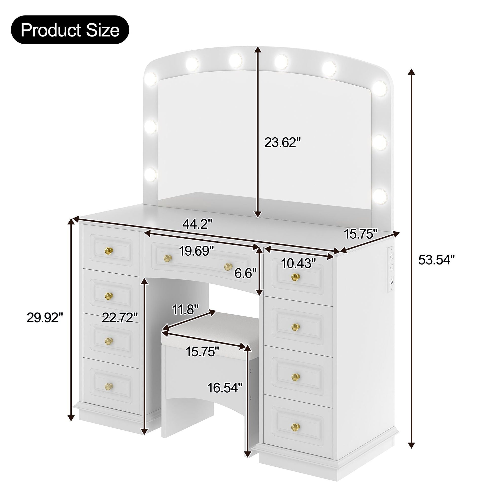 Luxurious Makeup Vanity with 10 Hollywood Bulbs, 3 Color Lighting Modes, Classic Dressing Table with Cushioned Stool and 9 Storage Drawers for Bedroom New Era Fashion LLc