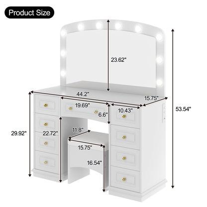 Luxurious Makeup Vanity with 10 Hollywood Bulbs, 3 Color Lighting Modes, Classic Dressing Table with Cushioned Stool and 9 Storage Drawers for Bedroom New Era Fashion LLc