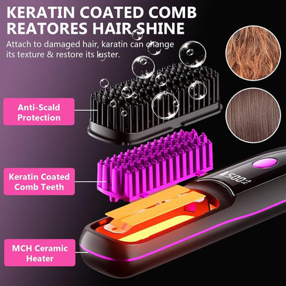 Hair Straightener, Cordless Hair Straightening Brush Portable Cordless Comb with Base Negative Ion Rechargeable Brush for Frizz-Free Shine Straightening, 6400mAh Fast Heating (Black) New Era Fashion LLc
