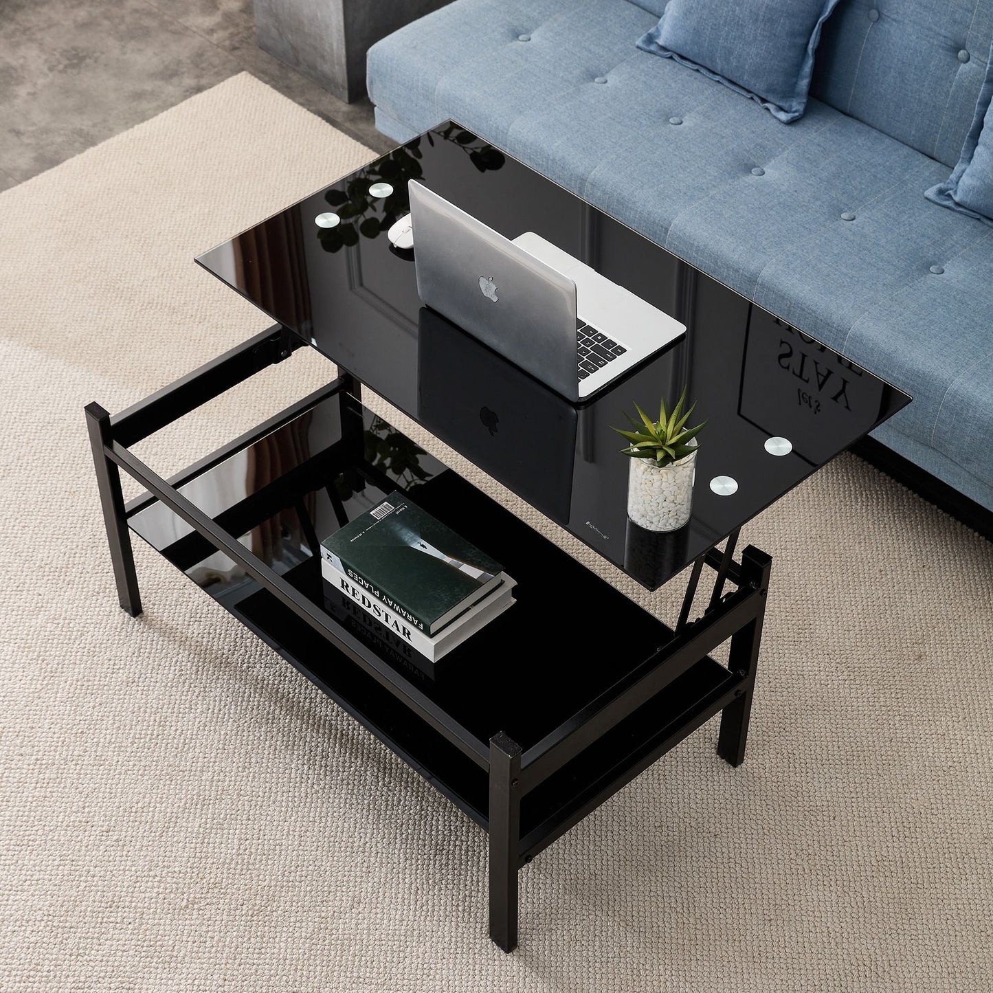 Glass Lift Top Coffee Table;  Modern Simple 2-Layer Tempered Glass Coffee Table for Living Room;  Black New Era Fashion LLc
