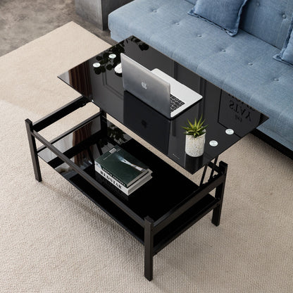 Glass Lift Top Coffee Table;  Modern Simple 2-Layer Tempered Glass Coffee Table for Living Room;  Black New Era Fashion LLc