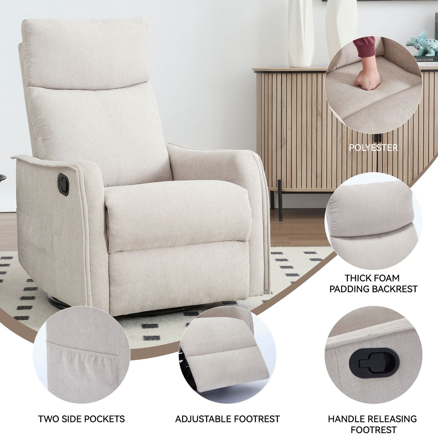Heat Massage Manual Recliner Chair with Rocker and Swivel in Fabric for Living Room, Beige New Era Fashion LLc