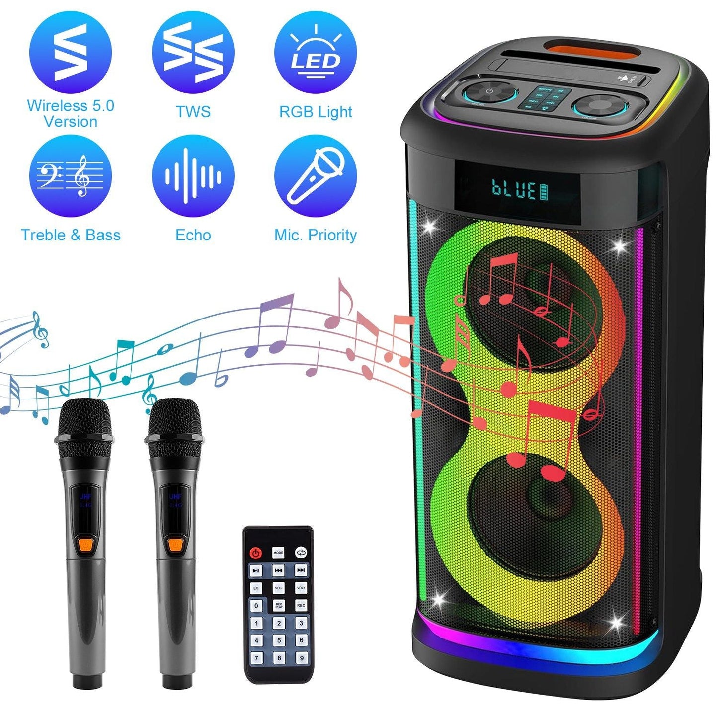 Portable Wireless Party Speaker with LED Light Wireless Mic Remote Control TWS Treble Bass Mic. Echo Music Accompany Mic. Priority Guitar In New Era Fashion LLc