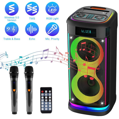 Portable Wireless Party Speaker with LED Light Wireless Mic Remote Control TWS Treble Bass Mic. Echo Music Accompany Mic. Priority Guitar In New Era Fashion LLc