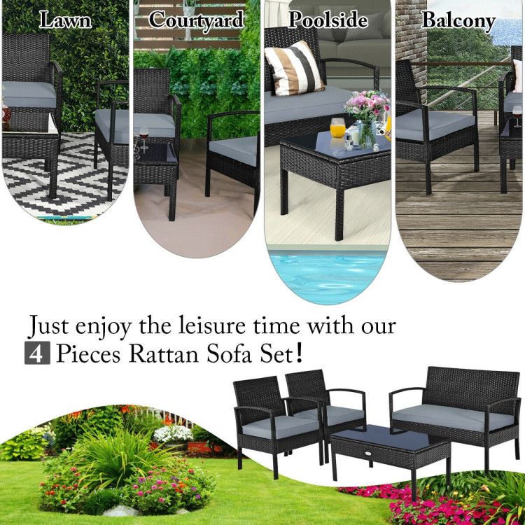 4 Pieces Patio Rattan Cushioned Furniture Set with Loveseat and Table Outdoor Conversation Sets New Era Fashion LLc
