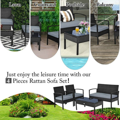 4 Pieces Patio Rattan Cushioned Furniture Set with Loveseat and Table Outdoor Conversation Sets New Era Fashion LLc