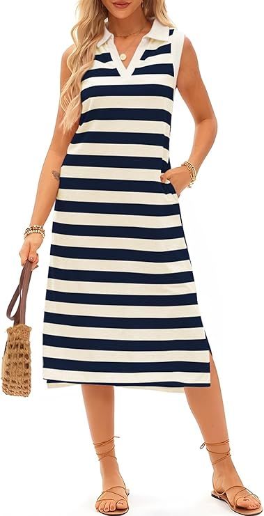 Blue Striped V Neck Summer Midi Dress with Pockets for Women - Casual Loose Fit 2025 Collection New Era Fashion LLc