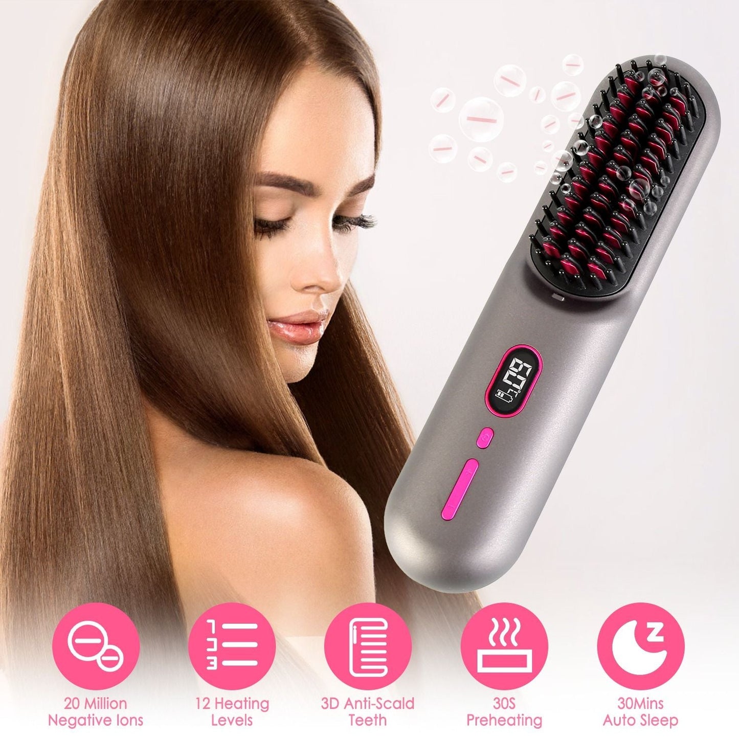 Cordless Negative Ion Hair Straightener Brush Rechargeable Mini Styling Comb with 12 Heating Levels Anti-scald 30S Preheating 30Mins Auto Sleep LCD Display New Era Fashion LLc