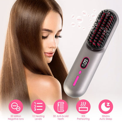 Cordless Negative Ion Hair Straightener Brush Rechargeable Mini Styling Comb with 12 Heating Levels Anti-scald 30S Preheating 30Mins Auto Sleep LCD Display New Era Fashion LLc