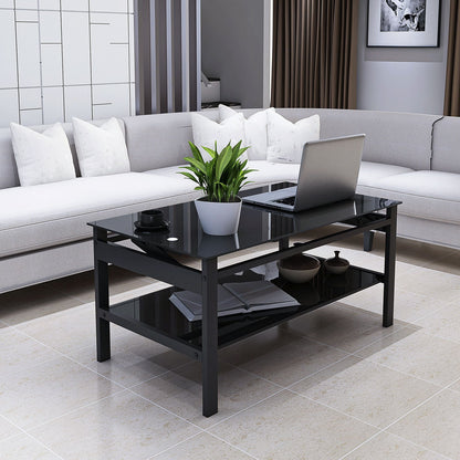 Glass Lift Top Coffee Table;  Modern Simple 2-Layer Tempered Glass Coffee Table for Living Room;  Black New Era Fashion LLc