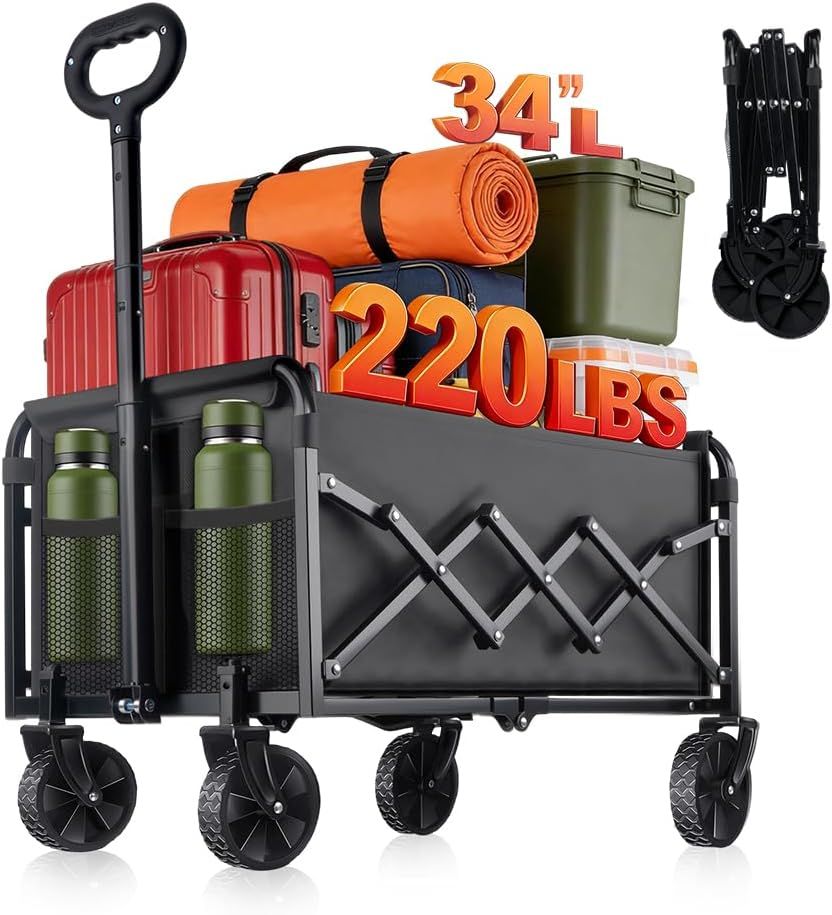 Collapsible Foldable Wagon Cart with Wheels - 220LBS Heavy Duty Folding Wagon Carts, Portable Lightweight Utility Wagon with All-Terrain Wheels & 2 Cup Holders, Grocery/Beach/Sports/Shopping/Black New Era Fashion LLc