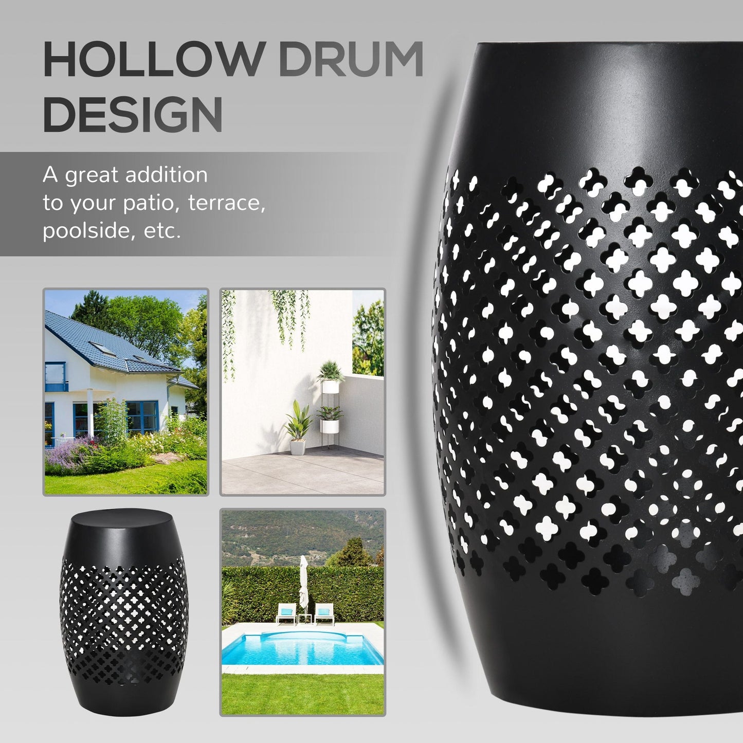 12.5" Steel Outdoor Side Table, Round Hollow Drum Patio End Table, Accent Table for Indoor and Outdoor, Black New Era Fashion LLc