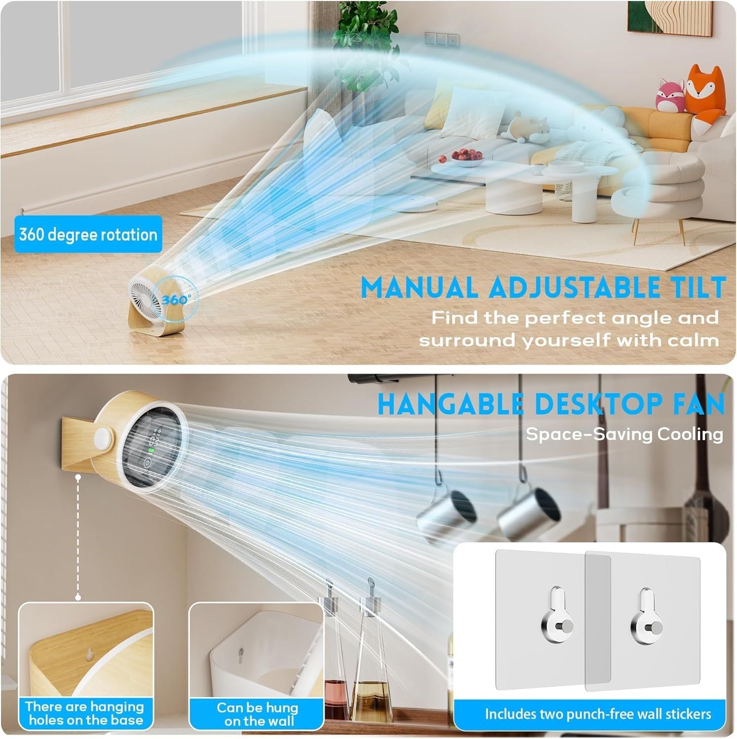 Small Desk Fan 5000mAh Rechargeable Battery Powered -Retro Low Noise Quiet Portable Gentle Blowing with LED Night Light Office Bedroom Table Top Wall Hanging Kitchen Camping Dorm 5-Speed 360° Rotation New Era Fashion LLc