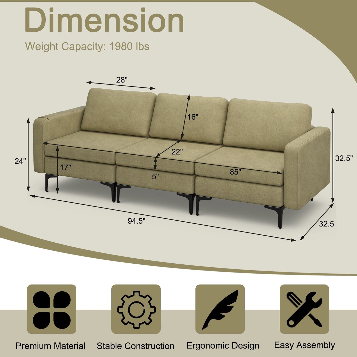 Convertible Sofa Couch with Magazine Pockets 3-Seat with 2 USB Port New Era Fashion LLc