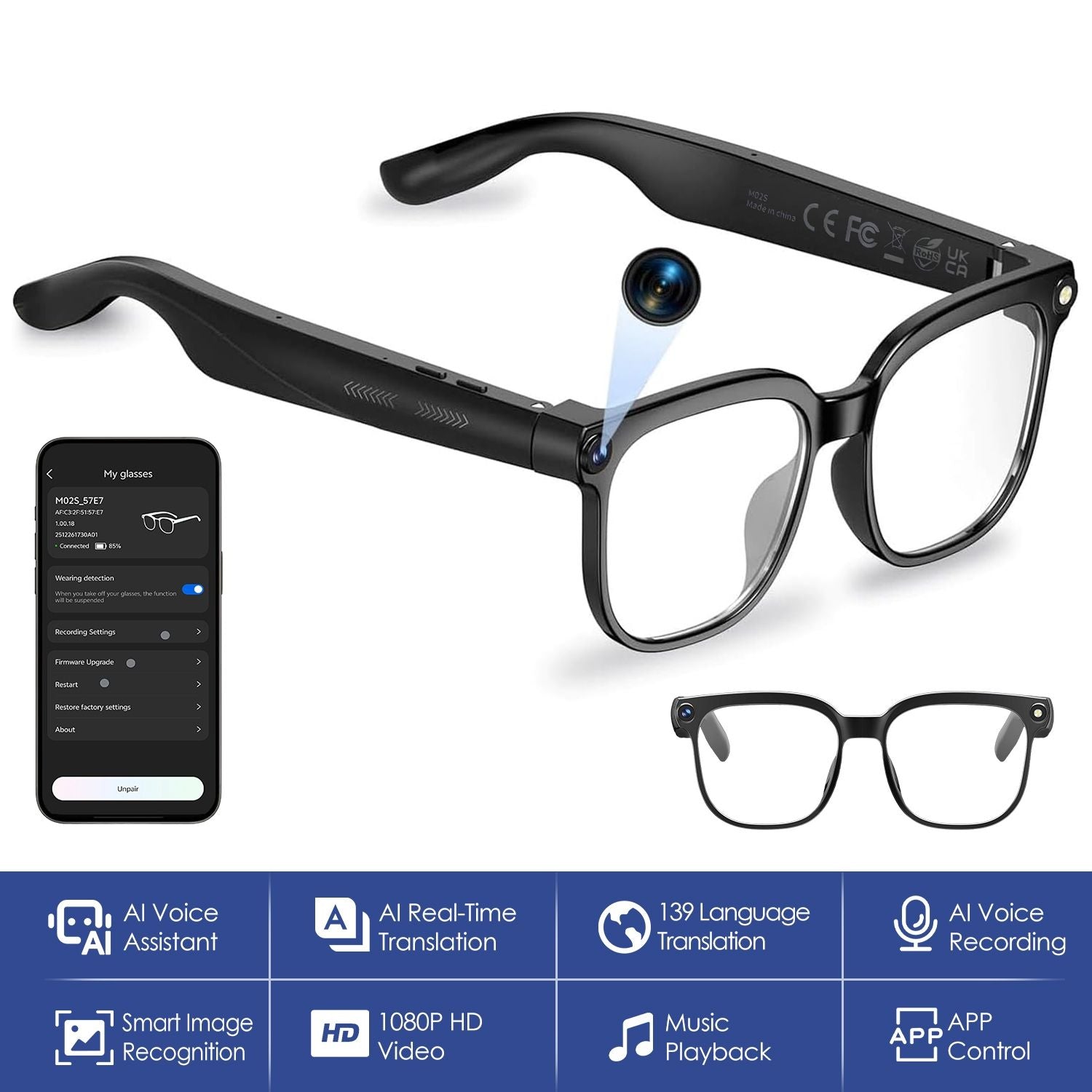 AI Smart Glasses with Camera and Audio 8MP HD1080P Real Time Translation 139 Languages Voice Assistant AI Photo Recognition Music Playback & Hands-Free Calling for Travel Meeting Vlog New Era Fashion LLc
