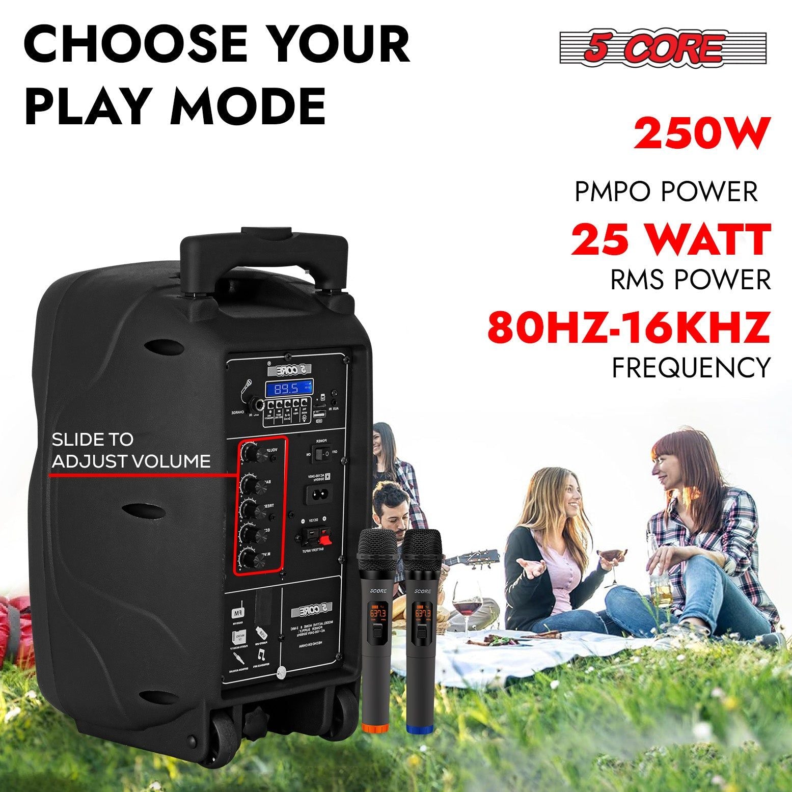 5 Core Party Speaker Bluetooth 250W Big Monster Powered Rechargeable Outdoor PA DJ System w Disco Lights 2 Wireless Karaoke Mics Portable Rolling Speakers w Handle Black - ACTIVE HOME 8 2-MIC New Era Fashion LLc