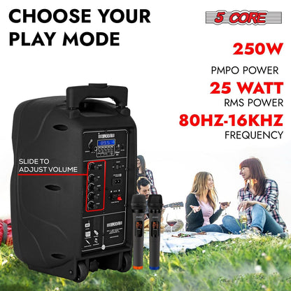 5 Core Party Speaker Bluetooth 250W Big Monster Powered Rechargeable Outdoor PA DJ System w Disco Lights 2 Wireless Karaoke Mics Portable Rolling Speakers w Handle Black - ACTIVE HOME 8 2-MIC New Era Fashion LLc