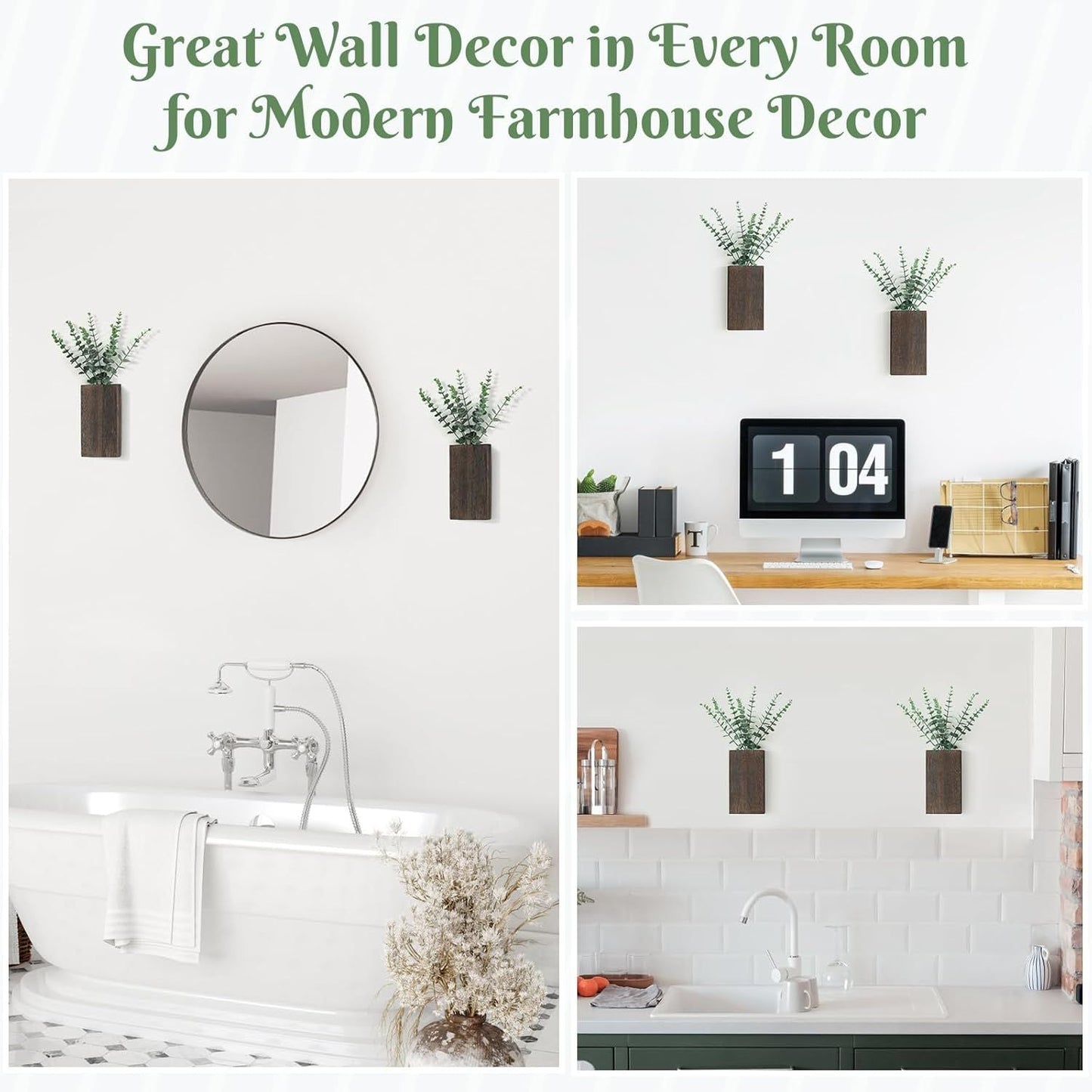2 Pack Wood Wall Planter Vase with Artificial Eucalyptus Farmhouse Wall Hanging Decor Pocket Planter for Indoor Fake Plants Greenery, Living Room Bedroom Kitchen Home Office Decoration New Era Fashion LLc