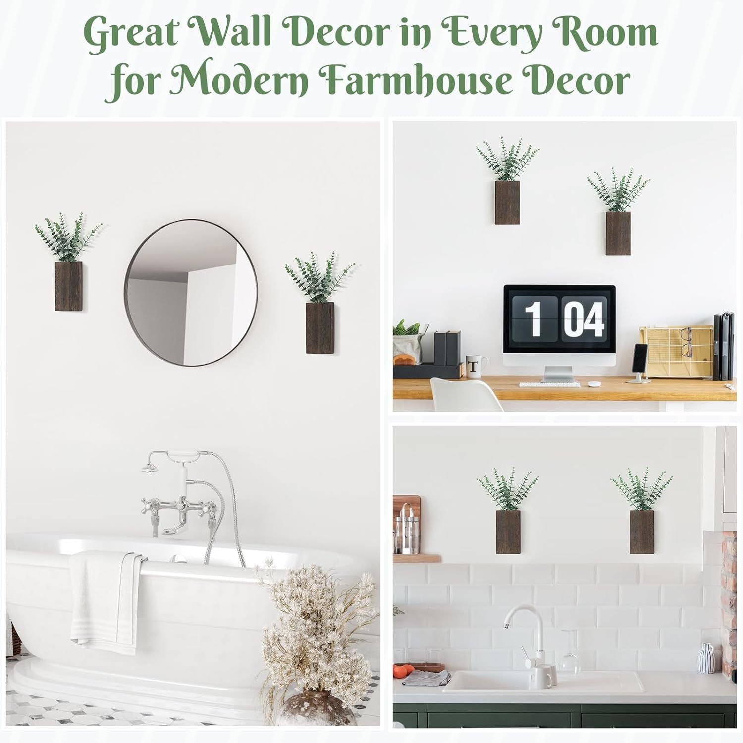 2 Pack Wood Wall Planter Vase with Artificial Eucalyptus Farmhouse Wall Hanging Decor Pocket Planter for Indoor Fake Plants Greenery, Living Room Bedroom Kitchen Home Office Decoration New Era Fashion LLc