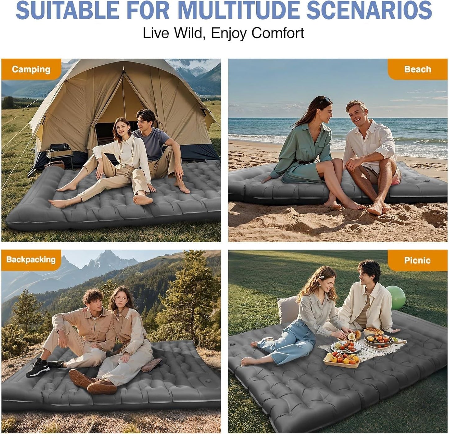 Camping Sleeping Pad, Ultralight Camping Mat with Pillow Built-in Foot Pump, 4" Thick Inflatable Sleeping Mat Compact for Backpacking, Hiking, Car Traveling, Camp Tent New Era Fashion LLc
