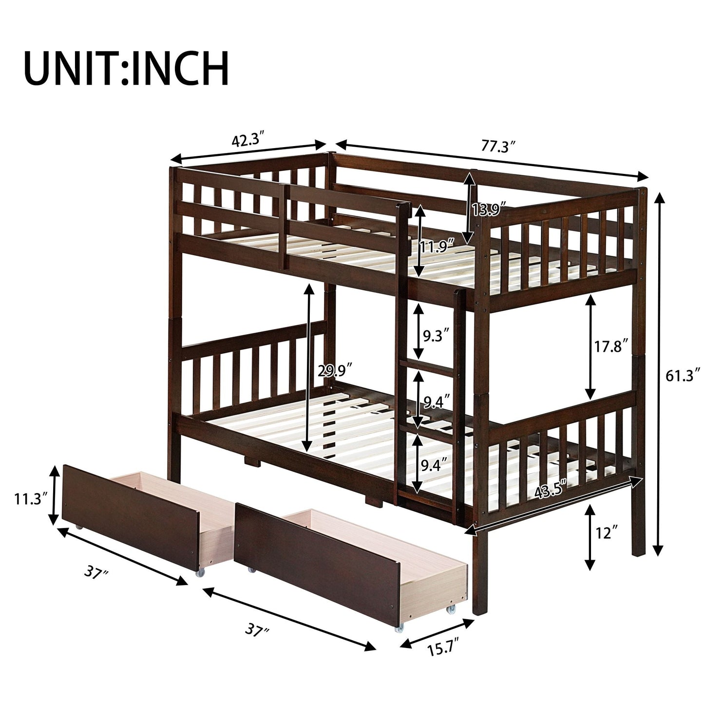Twin Over Twin Rubber Wood Bunk Bed with 2 Drawers, Convertible into 2 Twin Beds, Twin Size Bunk Bed with Ladder and Safety Guardrails New Era Fashion LLc