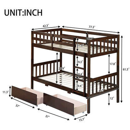 Twin Over Twin Rubber Wood Bunk Bed with 2 Drawers, Convertible into 2 Twin Beds, Twin Size Bunk Bed with Ladder and Safety Guardrails New Era Fashion LLc