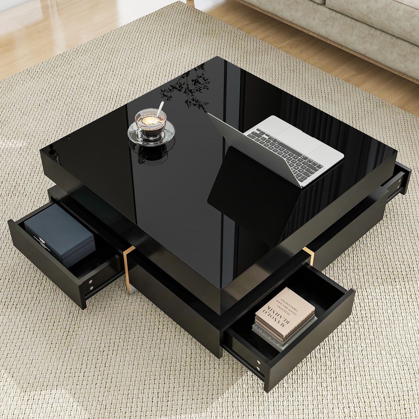 Sleek Black High Gloss Modern Coffee Table with 4 Drawers for Organized Living Rooms, Square Design with Wood Grain Legs, Ideal Cocktail Table 31.5''x31.5'' New Era Fashion LLc