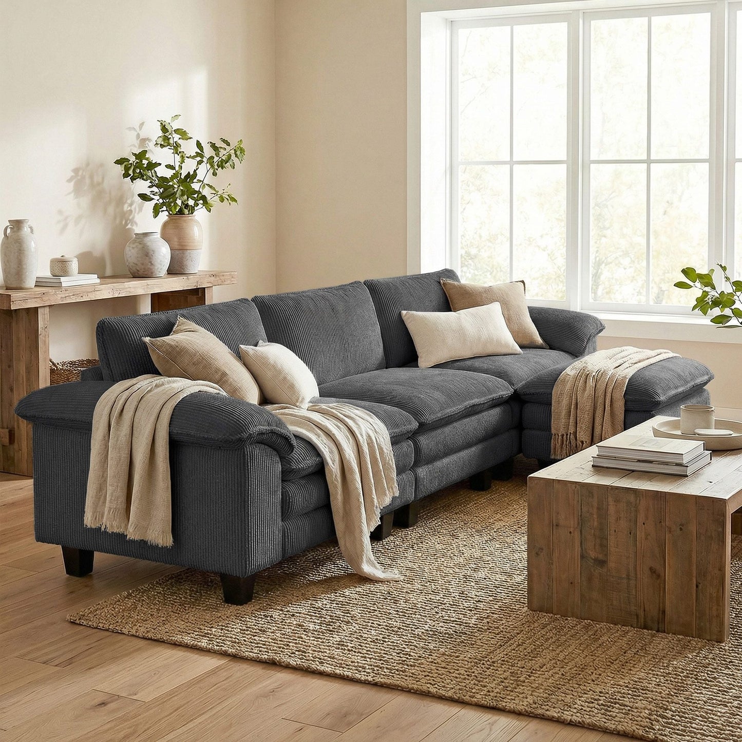 Sectional Sofa, L Shaped Couch with Deep Seat, Movable Ottoman and Pillow-top Armrests, Dark Gray New Era Fashion LLc