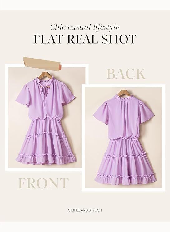 Womens Purple XL Short Sleeve Ruffle V Neck Chiffon Dress Flowy A Line Mini Summer Casual Elegant Lightweight New Era Fashion LLc