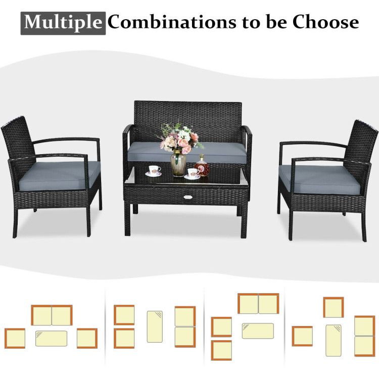 4 Pieces Patio Rattan Cushioned Furniture Set with Loveseat and Table Outdoor Conversation Sets New Era Fashion LLc