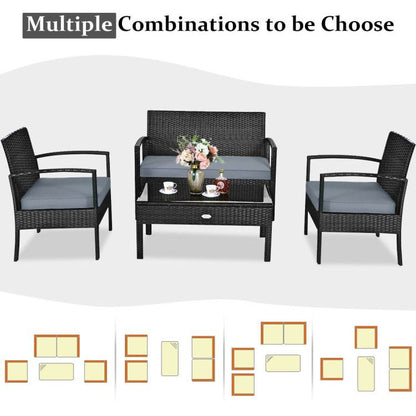 4 Pieces Patio Rattan Cushioned Furniture Set with Loveseat and Table Outdoor Conversation Sets New Era Fashion LLc