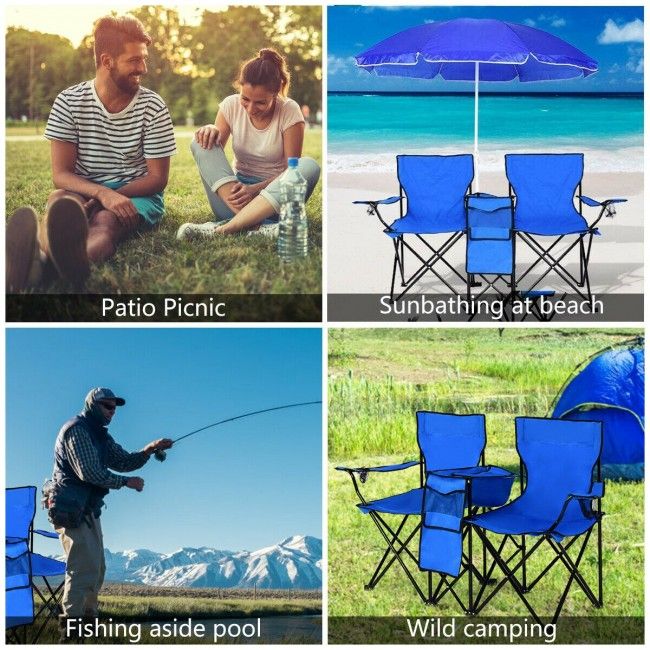 Portable Folding Picnic Double Chair With Umbrella New Era Fashion LLc
