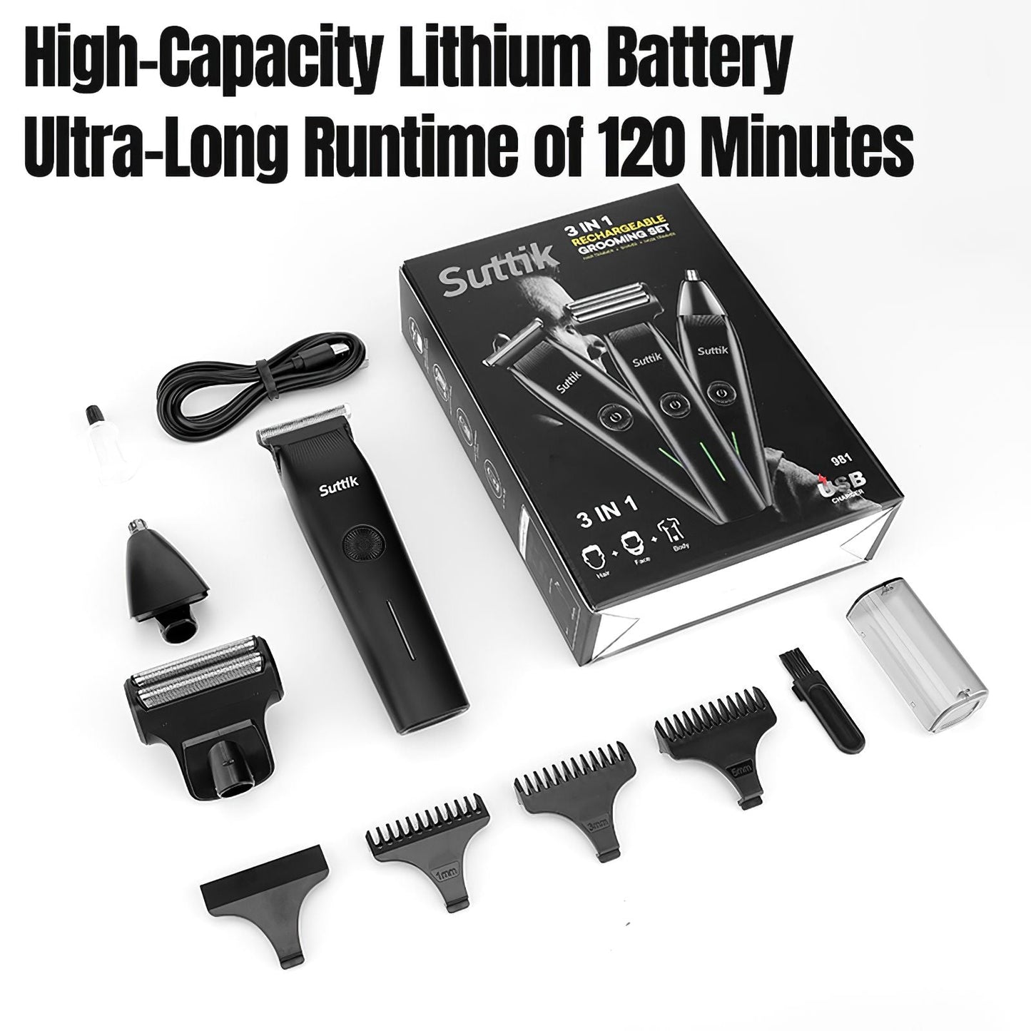 Beard Trimmer, 3 in 1 Hair Clippers and Mens Grooming Kit, Face, Nose, Ear Hair Trimmer - Black New Era Fashion LLc