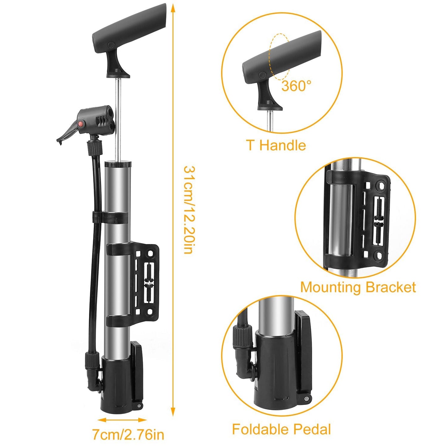 Mini Bike Pump Portable Bicycle Tire Inflator Ball Air Pump w/ Mount Frame For Mountain Road Bike New Era Fashion LLc