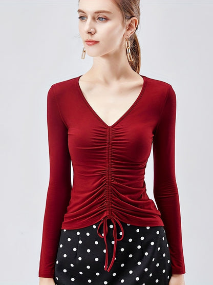 Solid Drawstring Ruched V-neck T-Shirt, Casual Long Sleeve T-Shirt For Spring & Fall, Women's Clothing New Era Fashion LLc