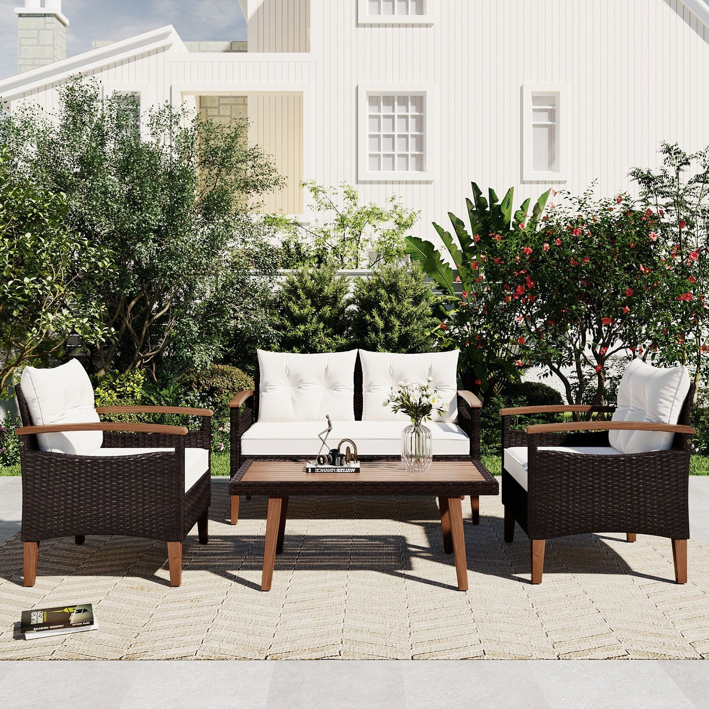 4-Piece Garden Furniture; Patio Seating Set; PE Rattan Outdoor Sofa Set; Wood Table and Legs; Brown and Beige New Era Fashion LLc