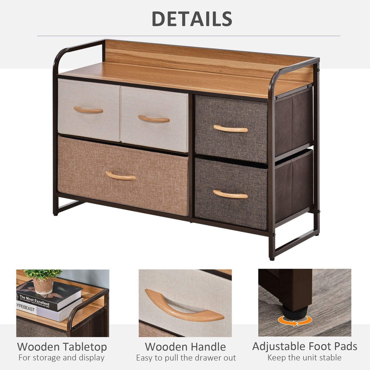5-Bin Dresser Storage Tower Cabinet Organizer Unit, Chest Dresser Drawers with Metal Frame for Bedroom, Multicoloured New Era Fashion LLc