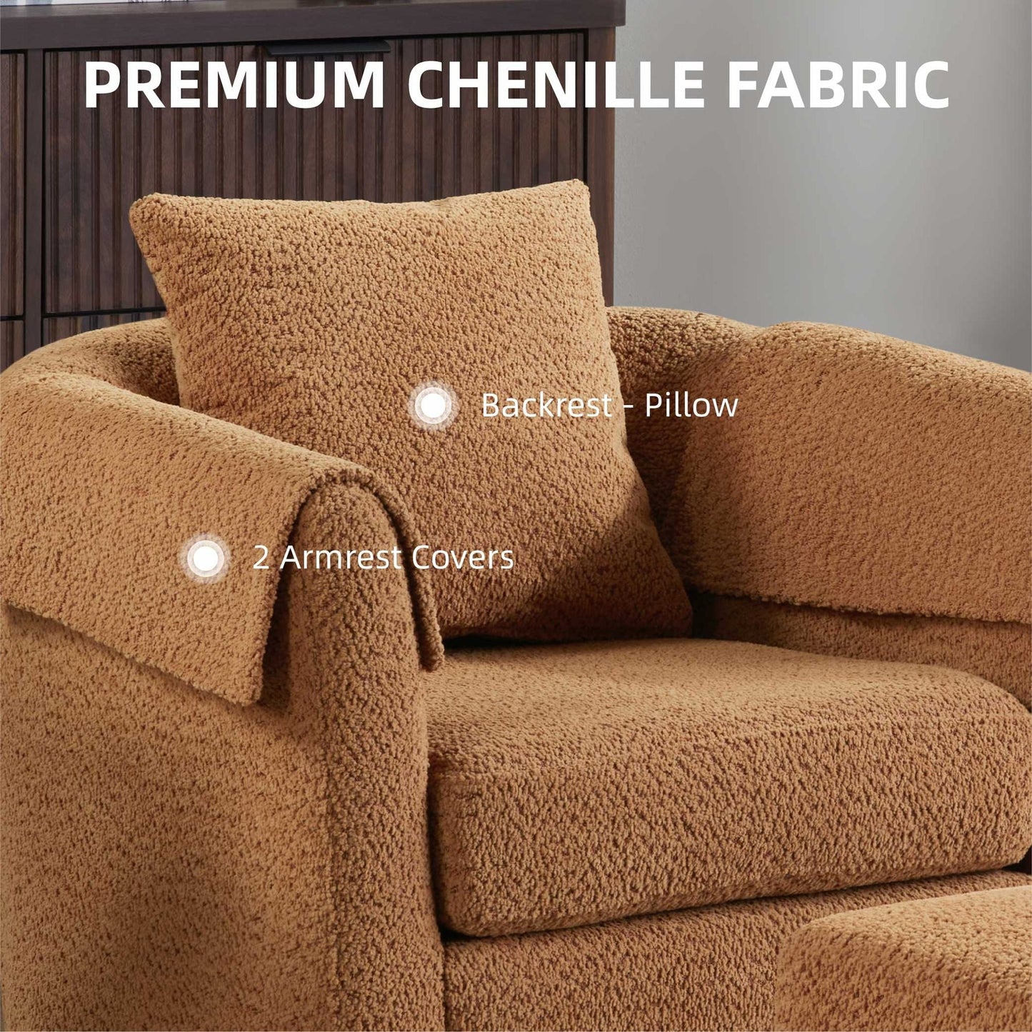 Swivel Accent Chair with Ottoman Set, Modern Chenille Barrel Armchair with Removable Back Pillow & 2 Armrest Covers for Living Room, Bedroom, Office, Yellow New Era Fashion LLc