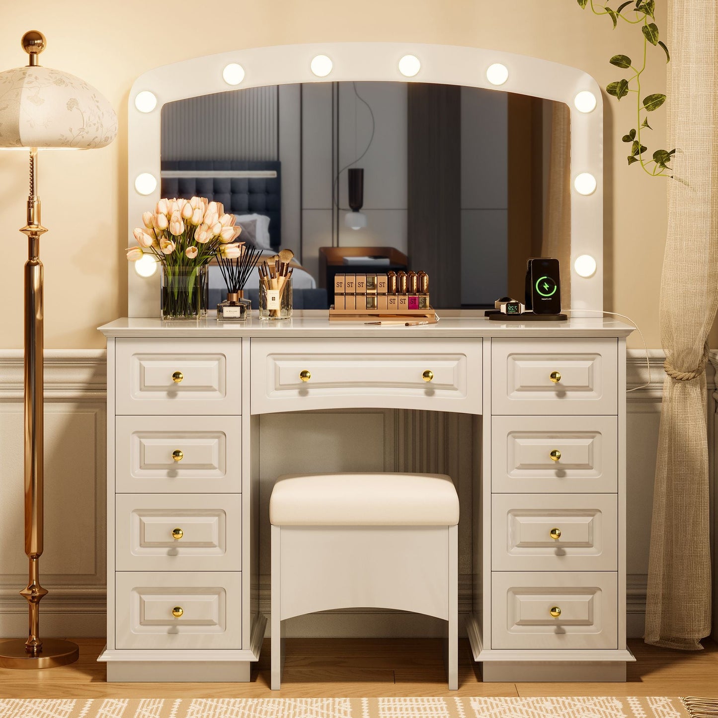 Luxurious Makeup Vanity with 10 Hollywood Bulbs, 3 Color Lighting Modes, Classic Dressing Table with Cushioned Stool and 9 Storage Drawers for Bedroom New Era Fashion LLc