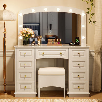 Luxurious Makeup Vanity with 10 Hollywood Bulbs, 3 Color Lighting Modes, Classic Dressing Table with Cushioned Stool and 9 Storage Drawers for Bedroom New Era Fashion LLc