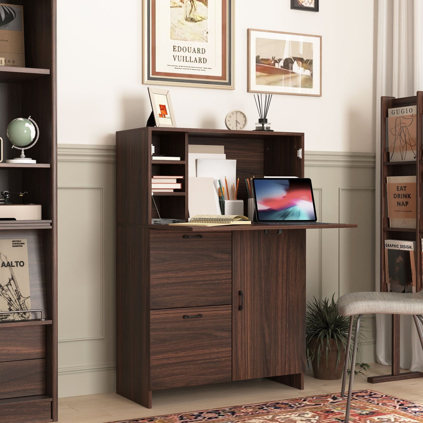 Bar Cabinet with Storage Drawer & Shelves, Fold-up Desktop, Ideal for Home,Dormitory, Small Spaces New Era Fashion LLc