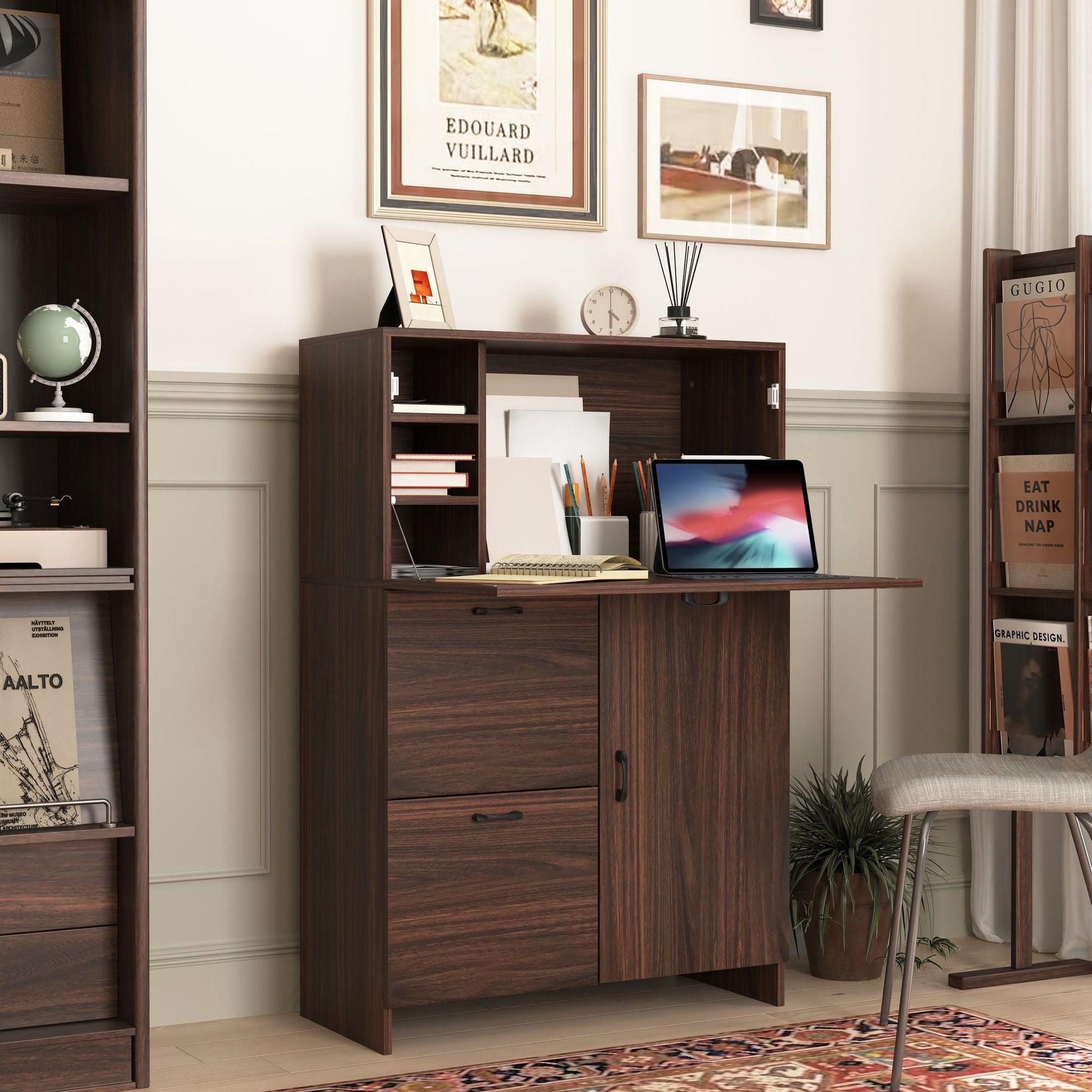 Bar Cabinet with Storage Drawer & Shelves, Fold-up Desktop, Ideal for Home,Dormitory, Small Spaces New Era Fashion LLc