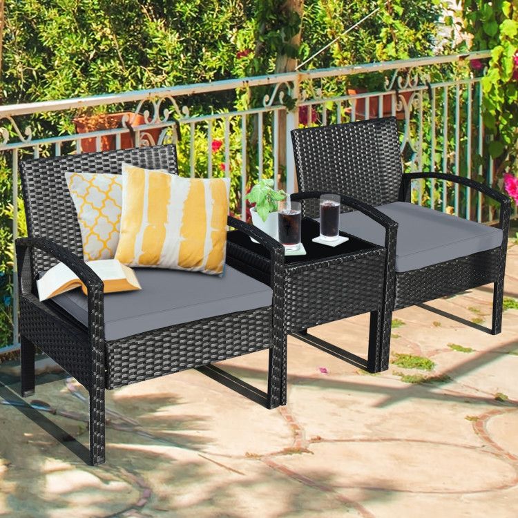 3 Pieces Outdoor Rattan Patio Conversation Set with Seat Cushions New Era Fashion LLc