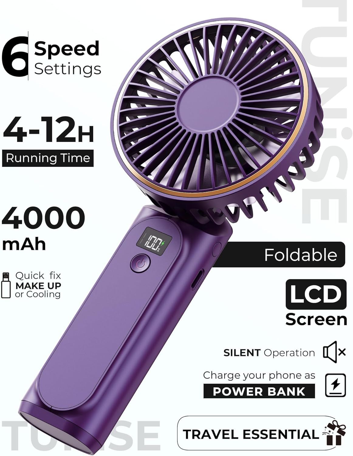 Portable Handheld Fan, Portable Fan Rechargeable, 4000mAh, 180° Adjustable, 6 Speed Wind, Display Electricity in Real Time, USB Rechargeable Foldable F an, Quiet Personal Fan as Power Bank New Era Fashion LLc