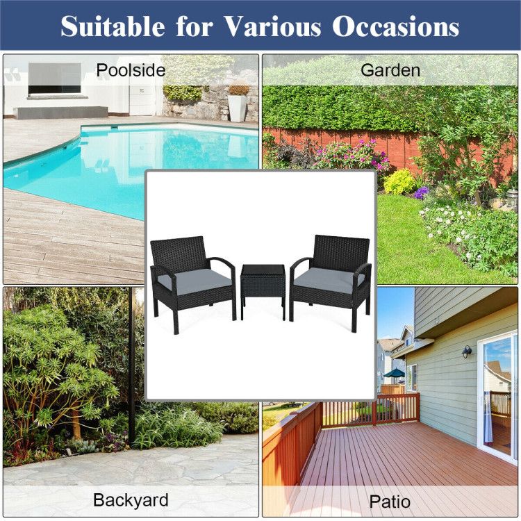 3 Pieces Outdoor Rattan Patio Conversation Set with Seat Cushions New Era Fashion LLc