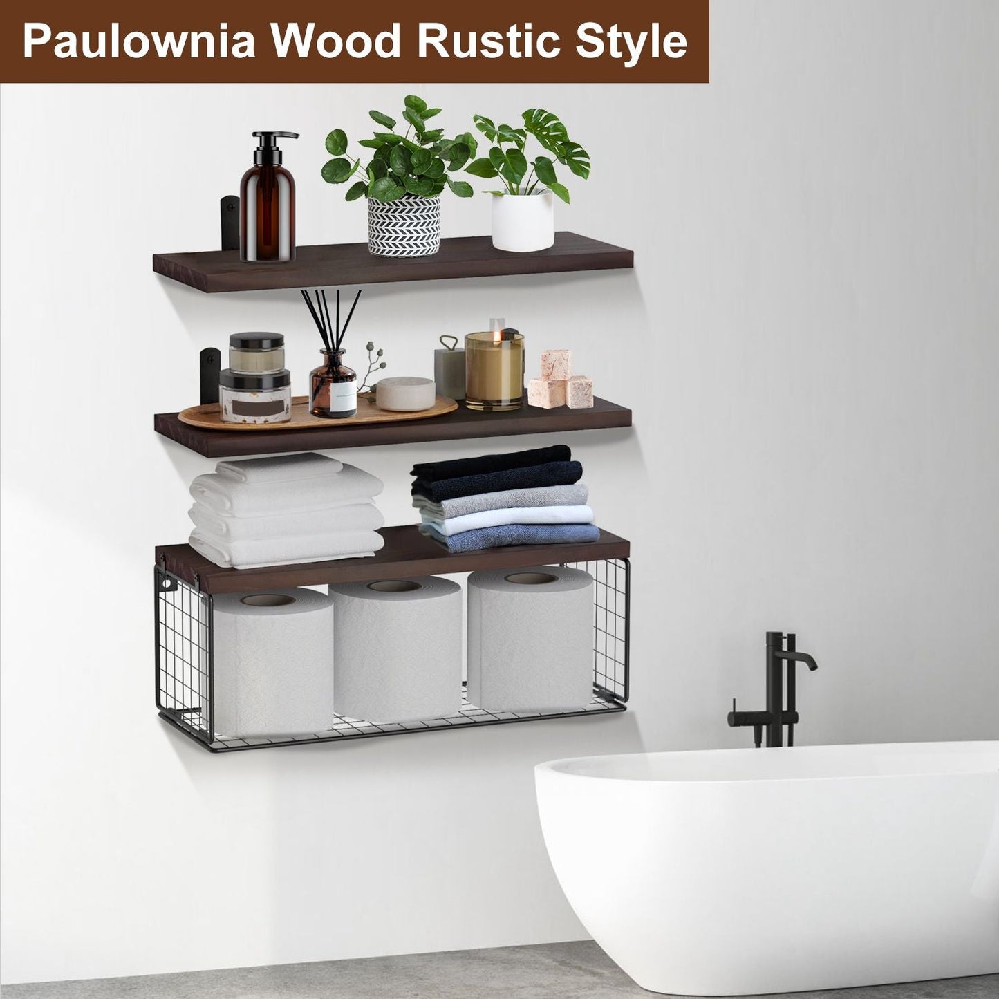 Rustic 2-in-1 Floating Shelves & Storage Basket - Durable Paulownia Wood, 66Lbs Capacity, Corrosion-Resistant Wall Decor New Era Fashion LLc