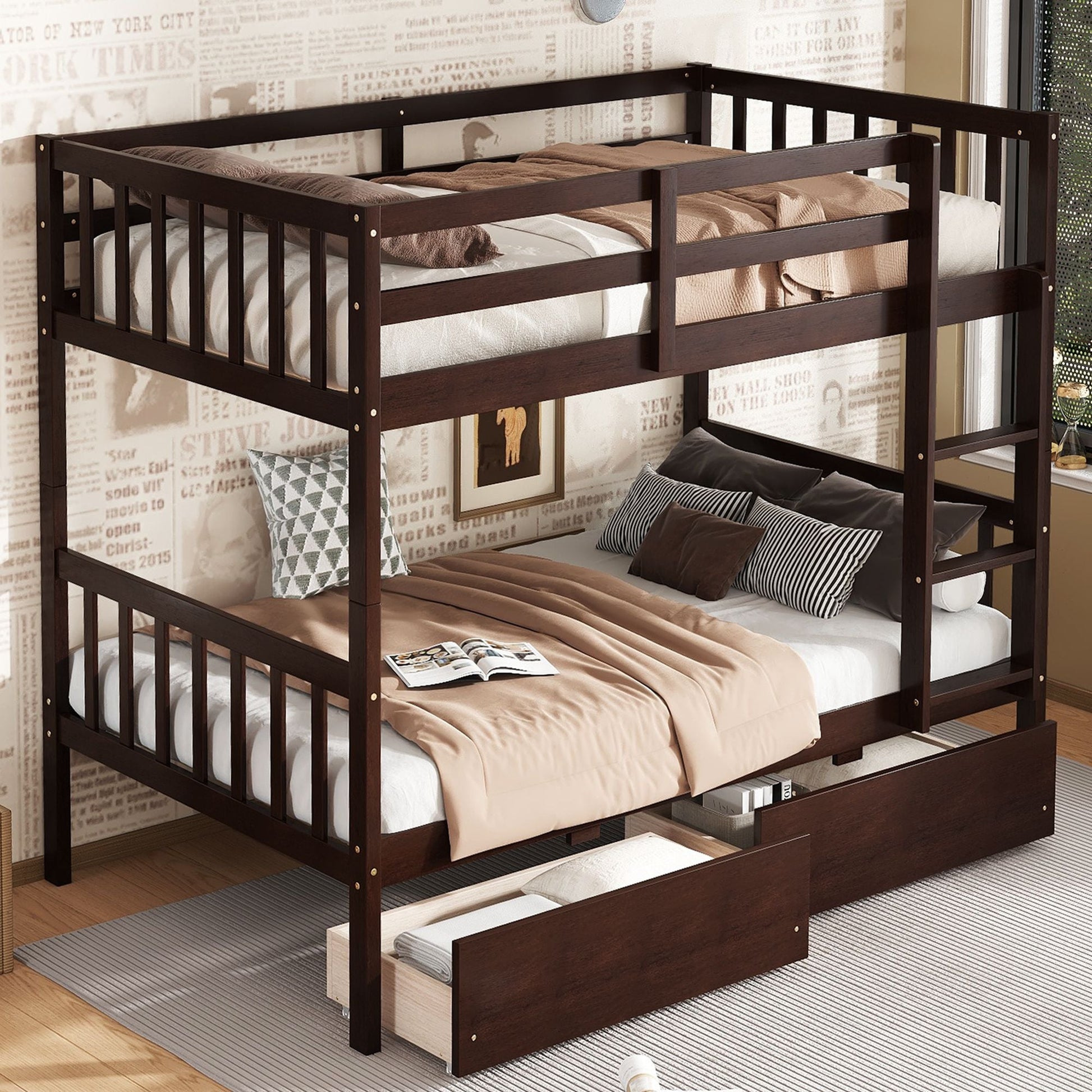 Twin Over Twin Rubber Wood Bunk Bed with 2 Drawers, Convertible into 2 Twin Beds, Twin Size Bunk Bed with Ladder and Safety Guardrails New Era Fashion LLc