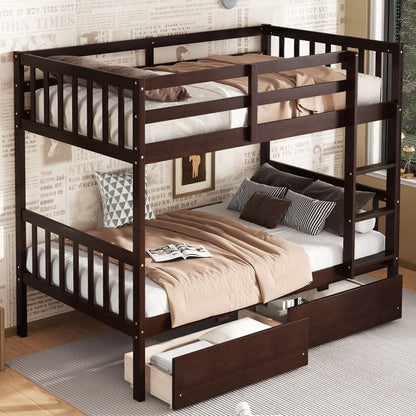 Twin Over Twin Rubber Wood Bunk Bed with 2 Drawers, Convertible into 2 Twin Beds, Twin Size Bunk Bed with Ladder and Safety Guardrails New Era Fashion LLc