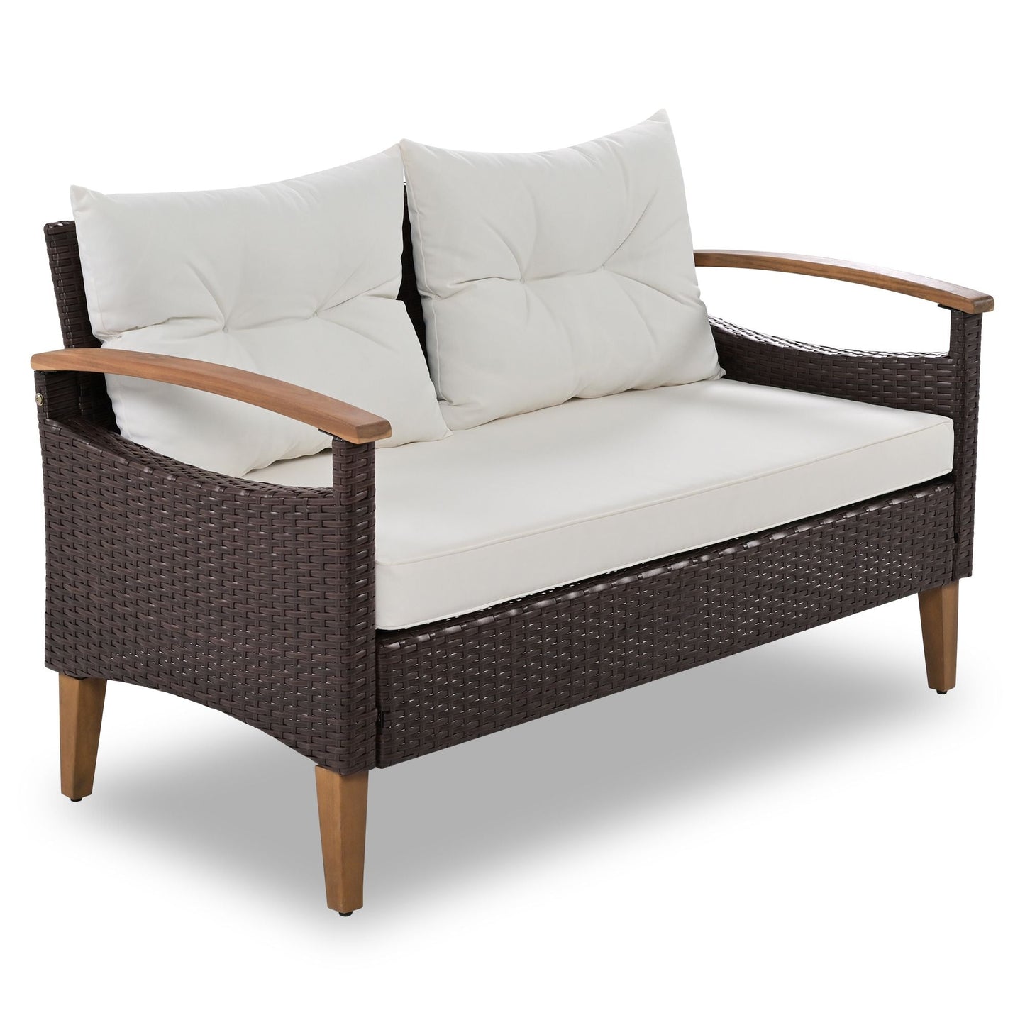 4-Piece Garden Furniture; Patio Seating Set; PE Rattan Outdoor Sofa Set; Wood Table and Legs; Brown and Beige New Era Fashion LLc